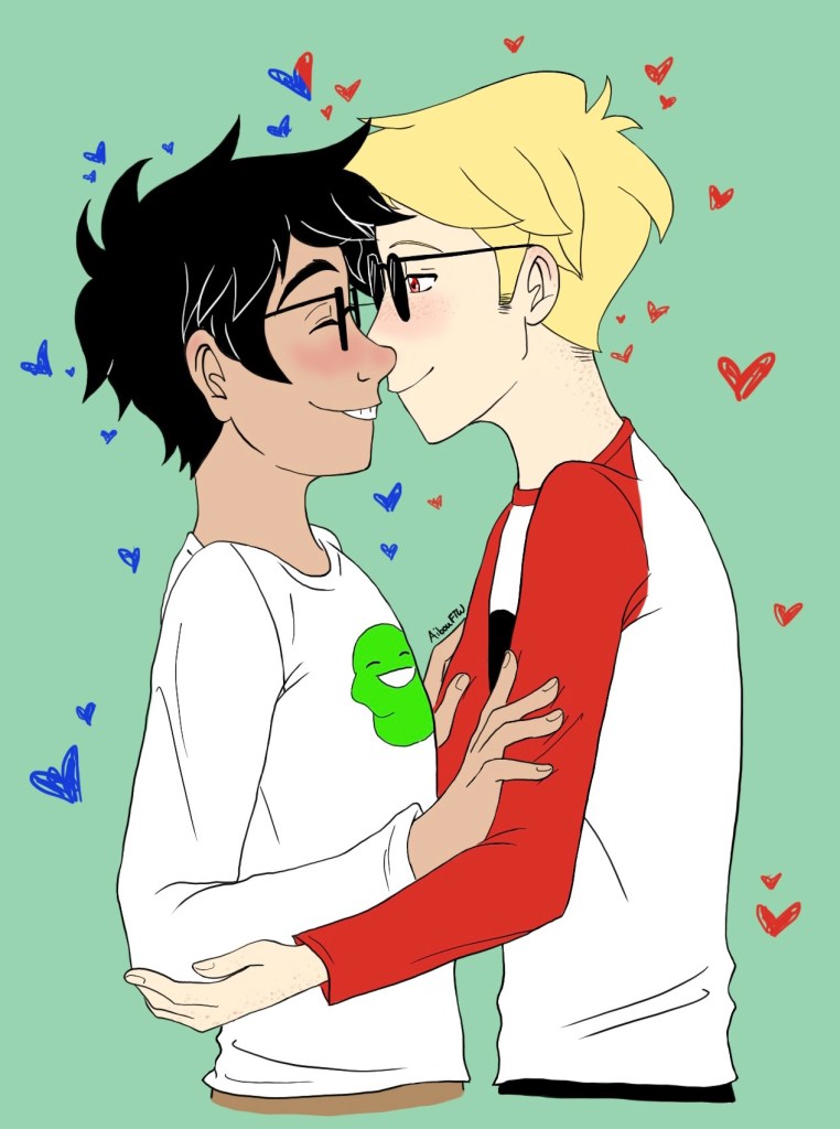 A drawing of John and Dave holding each other's arms and smiling at each other.