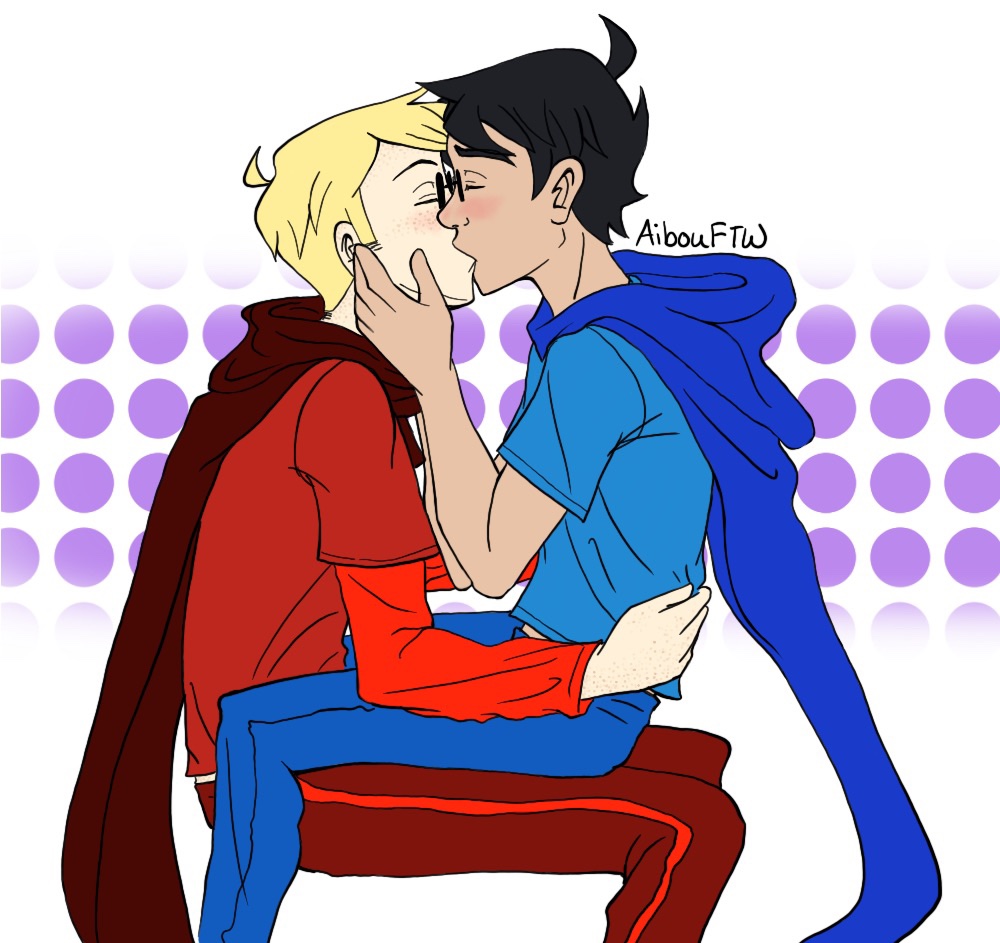 A drawing of John sitting on Dave's lap, and they're kissing.  Purple polka-dots in the background because purple is their combined color.  Yes, I'm absolutely trash.