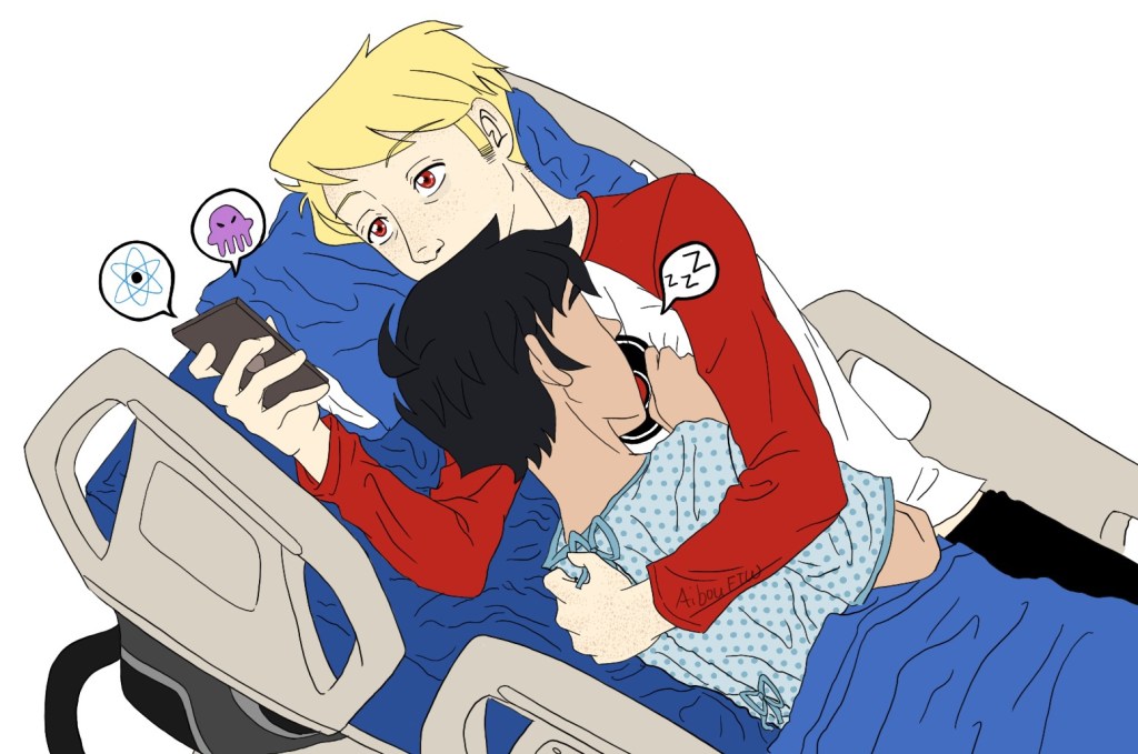 A drawing of John and Dave in a hospital bed.  John, dressed in a hospital gown, is sleeping in Dave's arms.  Dave holds onto John while texting Rose and Jade with tired eyes.