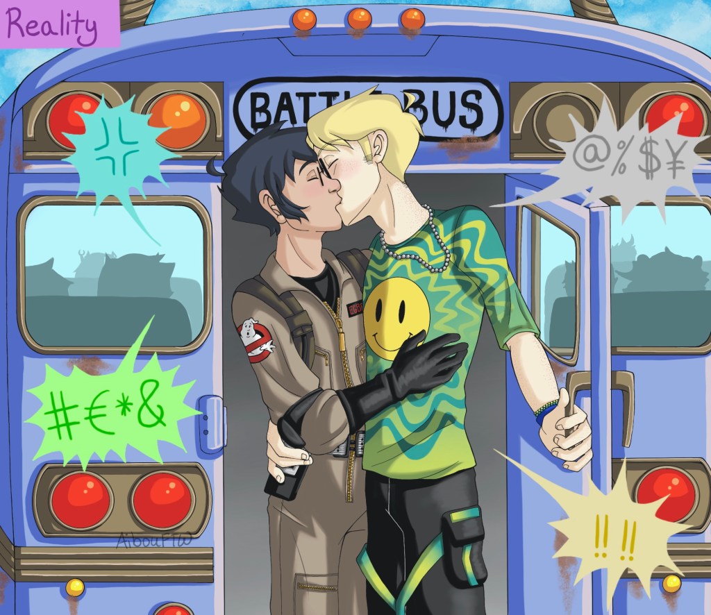 A shot farther out of John and Dave, with the label "Reality:"  They're kissing like they're on a helicopter and the world is ending tomorrow.  Except they're really at the back of the Battle Bus, holding up everyone else.  They're all yelling at them to get on with it already, probably in expletives too.  Based on color, it's Terezi, Karkat, Jade, and Sollux yelling and swearing at them.  I should also point out that John's dressed in Ghostbusters garb while Dave's wearing a tie-dye sports garb like a fucking loser.