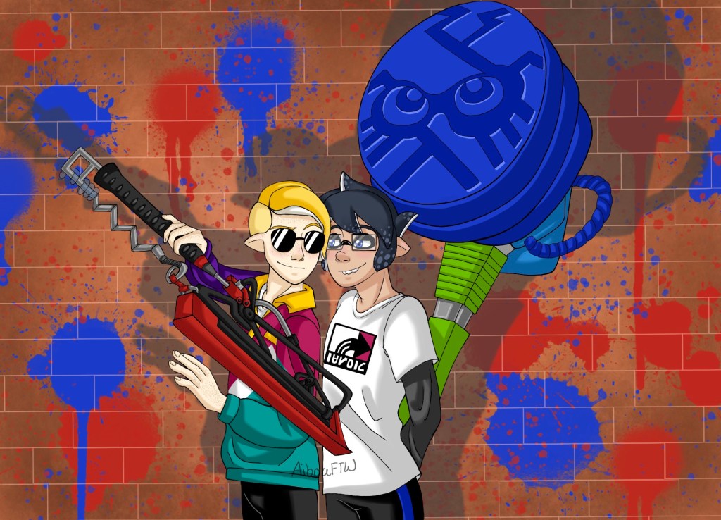 A drawing of John and Dave in front of a brick wall covered in red and blue splat marks.  John, who is an Inkling from Splatoon, is holding an Ultra Stamp behind his back.  Meanwhile, Dave, an Octoling, is holding out his Splatana.  They both look like they're either ready to fight each other or engage in sloppy makeouts.  Unclear.