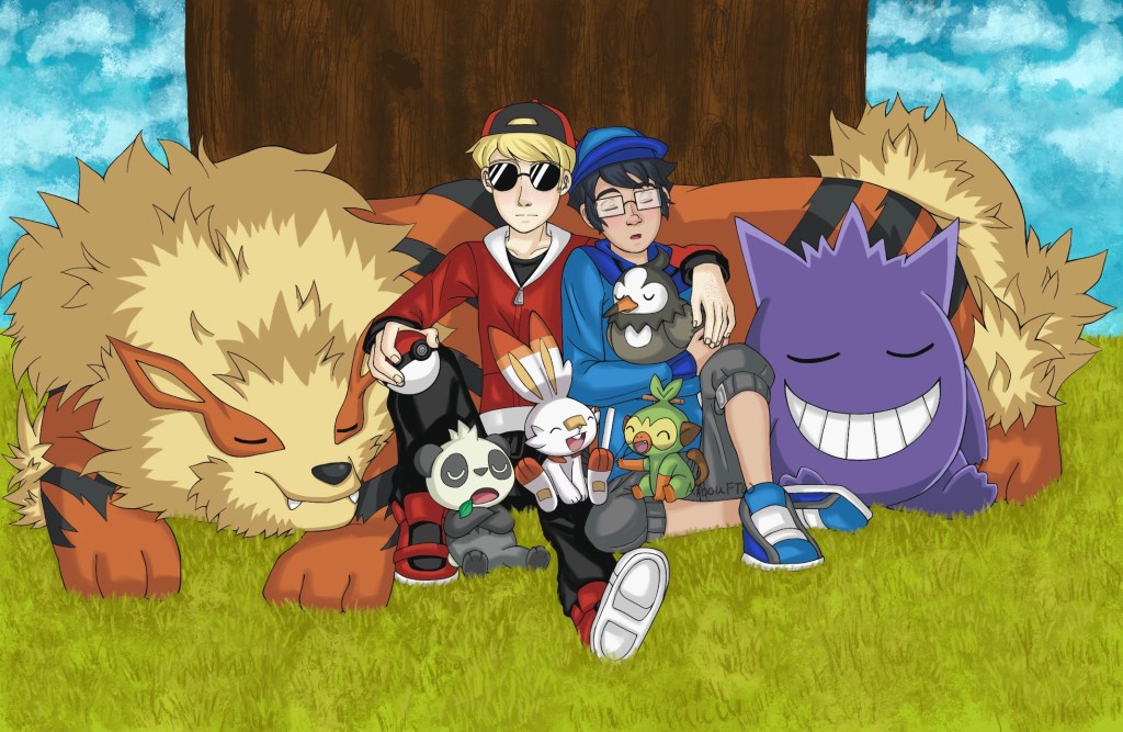 A drawing of John and Dave, sitting under a tree and dressed in trainers outfits from Pokémon.  John's sleeping and leaning on Dave, with Starly in his arms and Grooky on his lap.  John's Gengar sleeps next to him.  Dave's got his arm around John's shoulders, with Scorbunny on his outstretched leg, and Pancham resting against his other leg.  Everyone is leaning against Dave's Arcanine, who is sleeping.