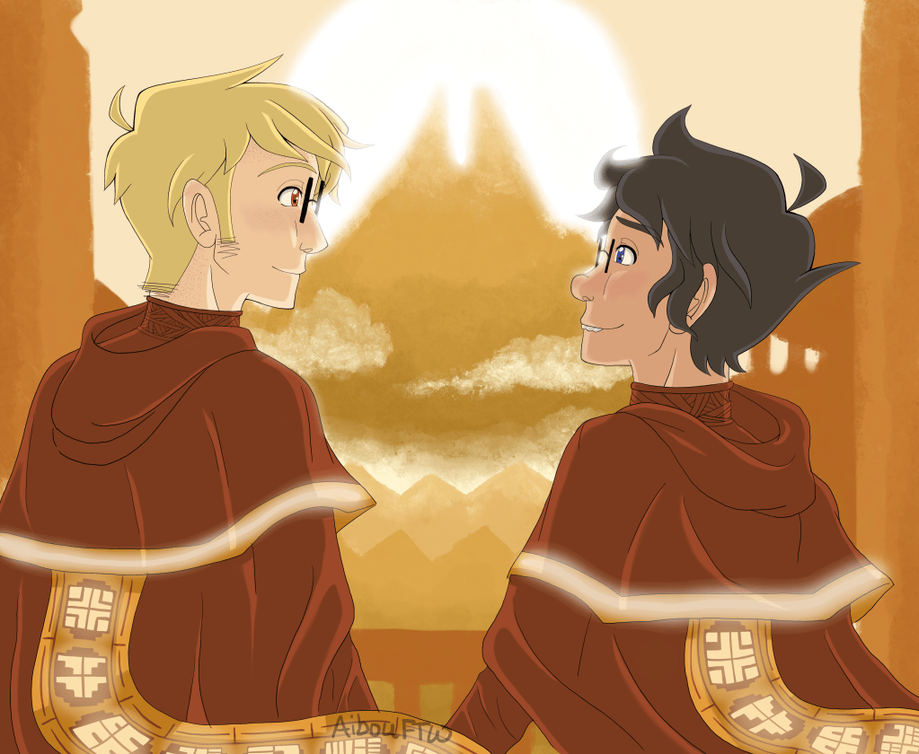 A drawing of John and Dave, bathed in golden hour light from the sunset sinking behind the mountain in the background.  John and Dave are looking at each other with sappy-ass smiles on their faces while they hold hands.