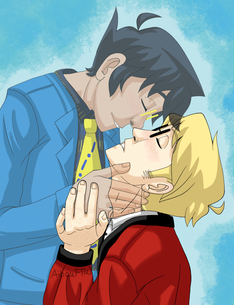 A drawing of John and Dave.  Dave's basking in John's ghostly touch as John leans in, almost as if he's going to kiss him.  Also, John actually *is* a ghost, so he's transparent.  Dave's wearing a red cardigan while John's wearing gameshow host costume.