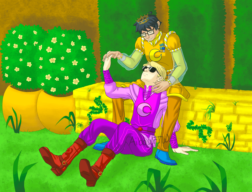 A drawing of John and Dave in alternate Prospit and Derse outfits.  They're in a garden, John sitting on a short wall of golden bricks, and Dave sitting between John's legs in the grass.  They're looking at each other and holding hands.