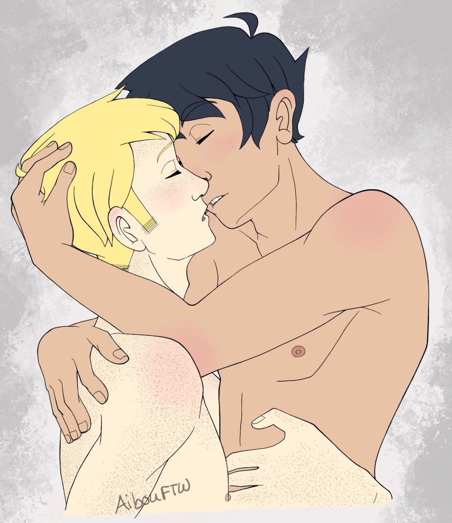 A drawing of John and Dave kissing.  John is probably sitting on Dave's lap?  Either way, they're still shirtless.  That's my story and I'm sticking to it!