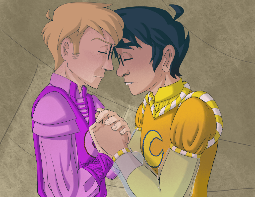 A drawing of John and Dave in Prospit and Derse attire.  They're both holding hands, solemn looks on their faces as they rest their brows against each other.