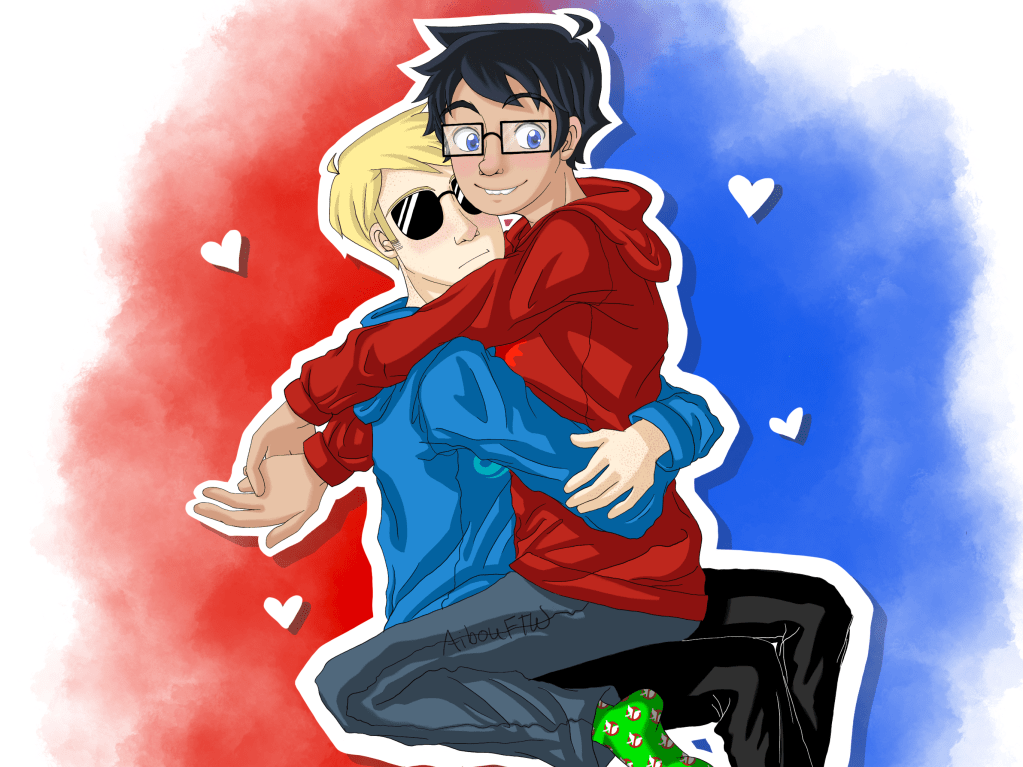 A drawing of John sitting on Dave's lap, with their arms around each other.  They're wearing each other's hoodies because boyfriends.  I must also point out the gloriousness of John's neon green Ghostbusters socks.
