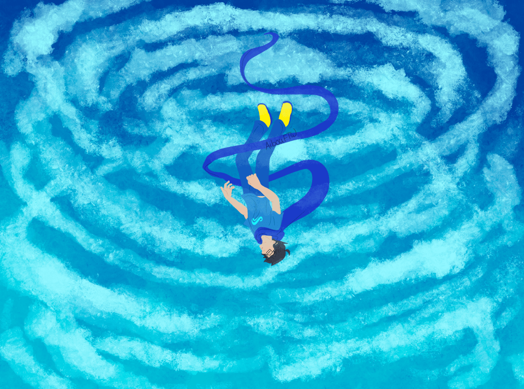 A drawing of John, upside down in his god tier outfit in the sky.  Is he flying?  Falling?  Both?  Unclear.