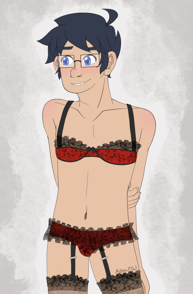 A drawing of John, shyly averting his eyes from the camera and his arms behind his back.  He's dressed in black and red lacey lingerie.