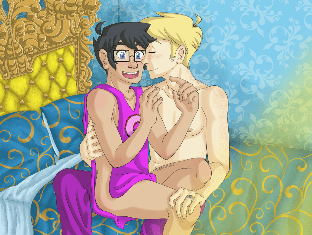 A drawing of John and Dave, on John's Prospit bed.  John's sitting on Dave's lap, dressed in nothing but Dave's Dersite surcoat as he excited explains something.  Dave's wearing his pants, but is shirtless, resting his brow on John's temple as he simps.  *Hard.*  They're both wearing their wedding rings.