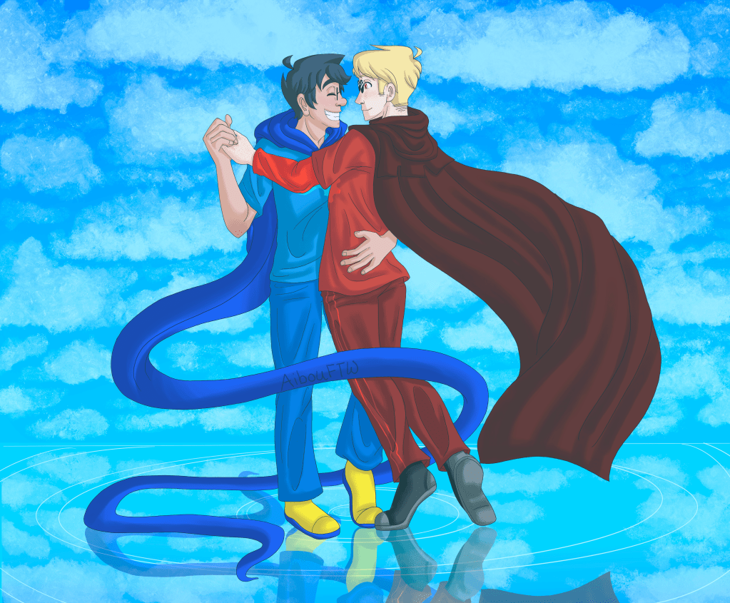 A drawing of John and Dave dancing on water.  The skies are blue and they're happy.