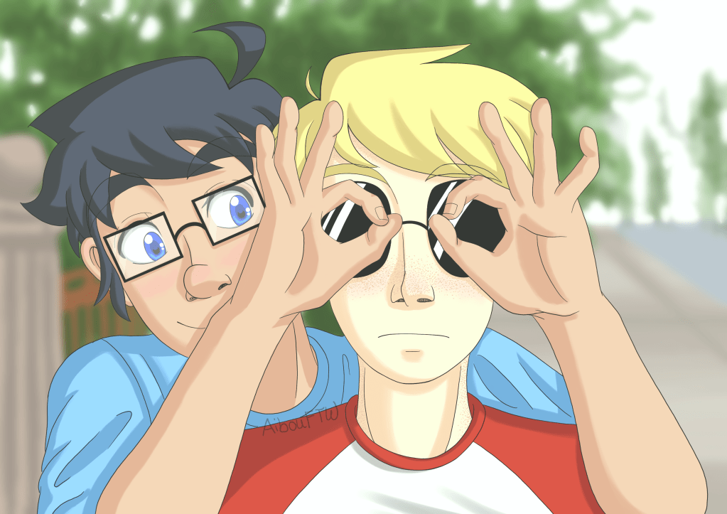 A drawing of John and Dave, outside somewhere.  John's behind Dave, putting his hands to Dave's eyes, forming them into glasses...for Dave...who is already wearing shades.  These boyfriends are so silly.