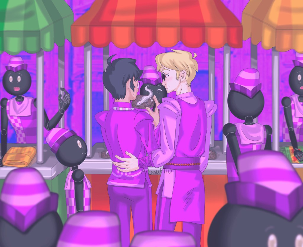 A drawing of John and Dave on a date while on Derse.  Dave's wearing his normal Derse attire while John is actually wearing a Dersite disguise.  They are at a bustling marketplace, full of Dersites going about their day.  John is inspecting a metal sculpture of a salamander while Dave simps for him, his hand on the small of John's back.  The Dersite merchant smiles at them.  While the other Dersites are minding their own business, one shorter Dersite is looking up at John and Dave with a smile.  Probably another shipper for their fanclub.