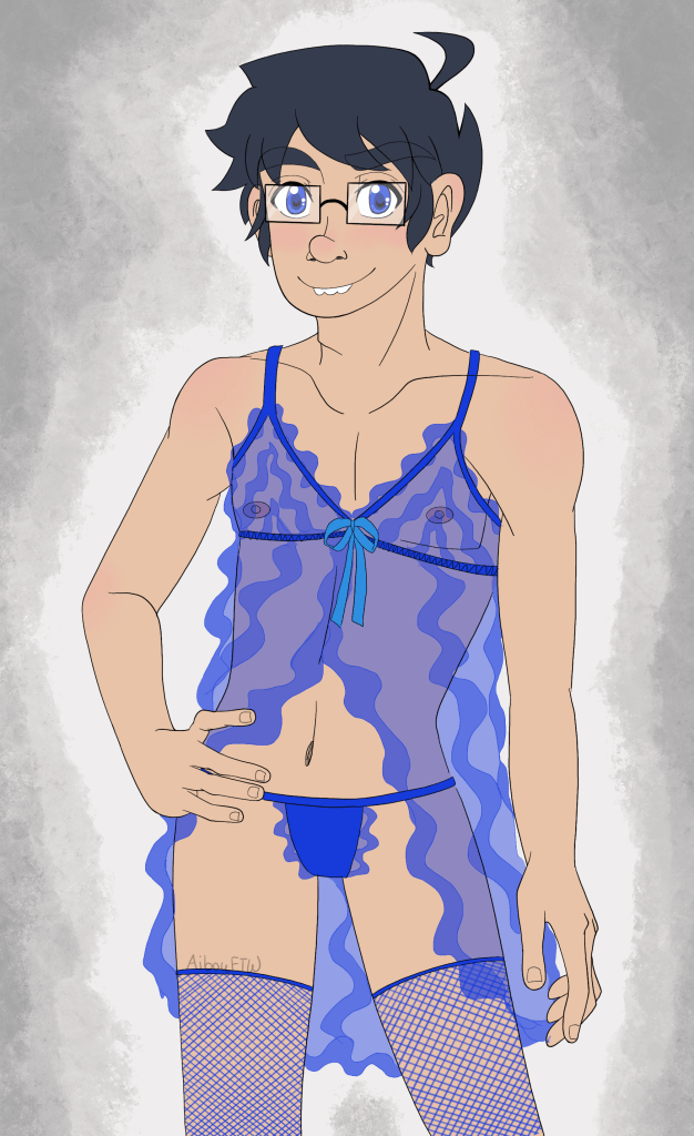 A drawing of John, this time in a much more confident pose, staring right into the camera with a hand on his hip.  His lingerie this time around consists of a blue G-string and a blue transparent negligee.