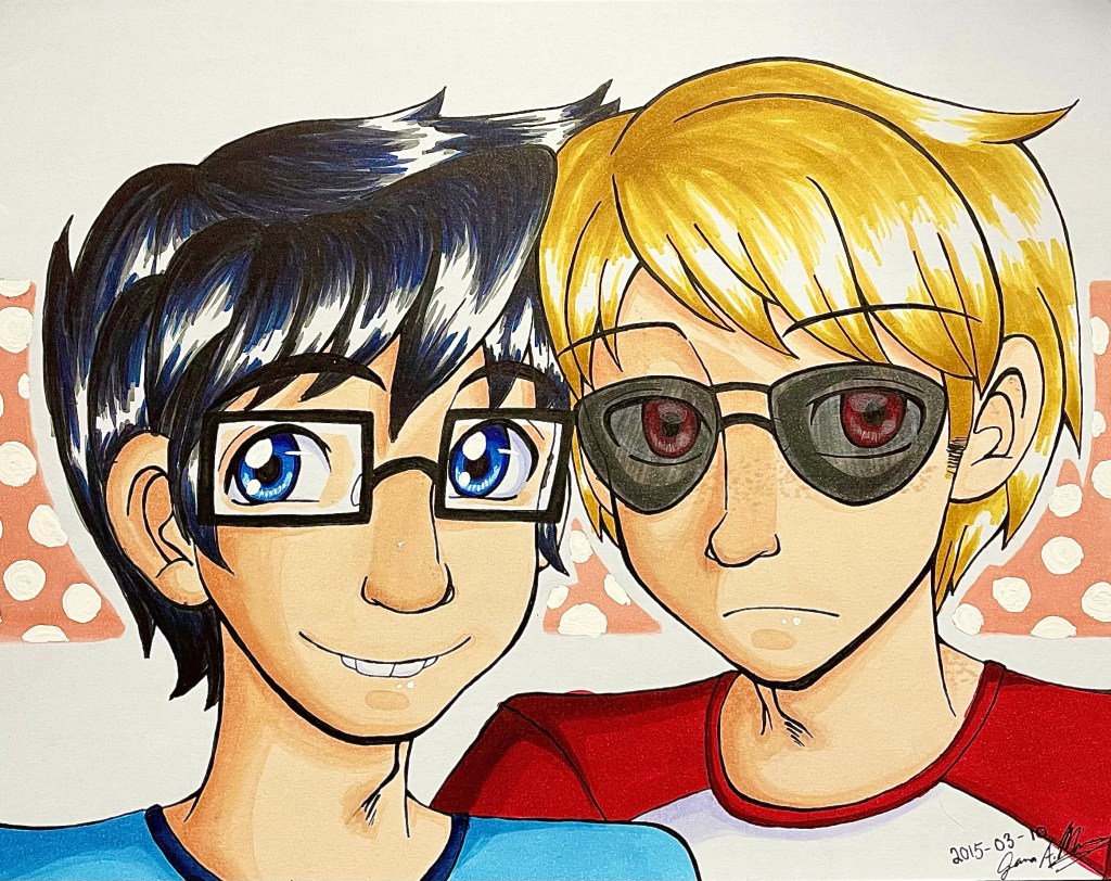 A drawing of John and Dave on actual paper, colored with copic markers.  John is grinning while Dave's got his dumb poker face.