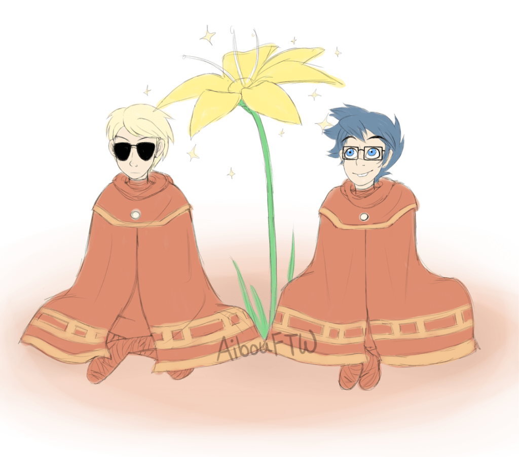 A drawing of John and Dave, garbed in the same red cloaks as the traveler in the Journey video game,.  They sit in the desert sand, next to a giant yellow flower.  John grins up at it while Dave is not as pleased