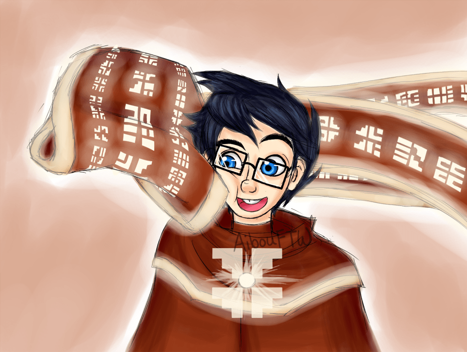A drawing of John, garbed in the same red cloak as the traveler in the Journey video game.  He's laughing as he's being nudged in the face by a cloth creature.  It looks a bit like a Japanese kite, but Dave refers to them as "Cloth Dolphins."