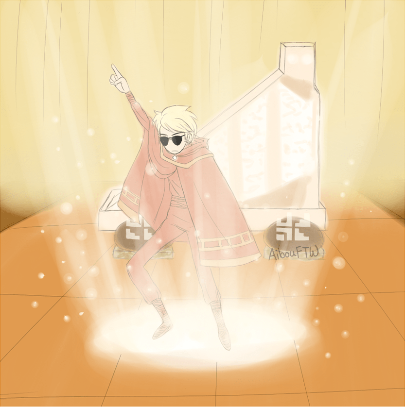 A drawing of Dave, garbed in the same red cloak as the traveler in the Journey video game.  He stands before a triangular shaped shrine, in a glittering spotlight, dancing the disco.  Of course, this only happens in his imagination.