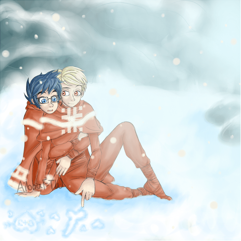 A drawing of John and Dave, garbed in the same red cloak as the traveler in the Journey video game.  They are sitting in the snow on a mountain, John holding Dave from behind and peering over Dave's shoulder.  In the snow, next to some hearts (and one of them housing a "J+D"), is a big drawing of a dick, being drawn by Dave.  Dave's smirking at John, while John doesn't look too impressed.