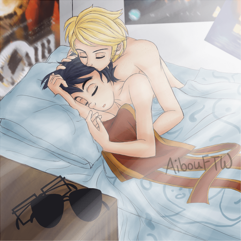 A drawing of John and Dave in John's bed.  John's cuddling with a cloth kite (that Dave refers to as "cloth dolphins" in Journeystuck).  Dave is leaning over to kiss John's temple.  John's glasses and Dave's shades sit on the nightstand.