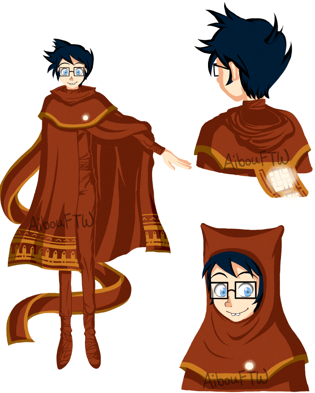 Drawings of John garbed in the same red cloak as the traveler in the Journey video game.  To the left is a full-body image of John to be used as a reference for future pictures.  To the upper right is a view of John's back, with the hood down and the scarf in its glowing state.  To the bottom right is John with his hood up.  He looks like a doofus.