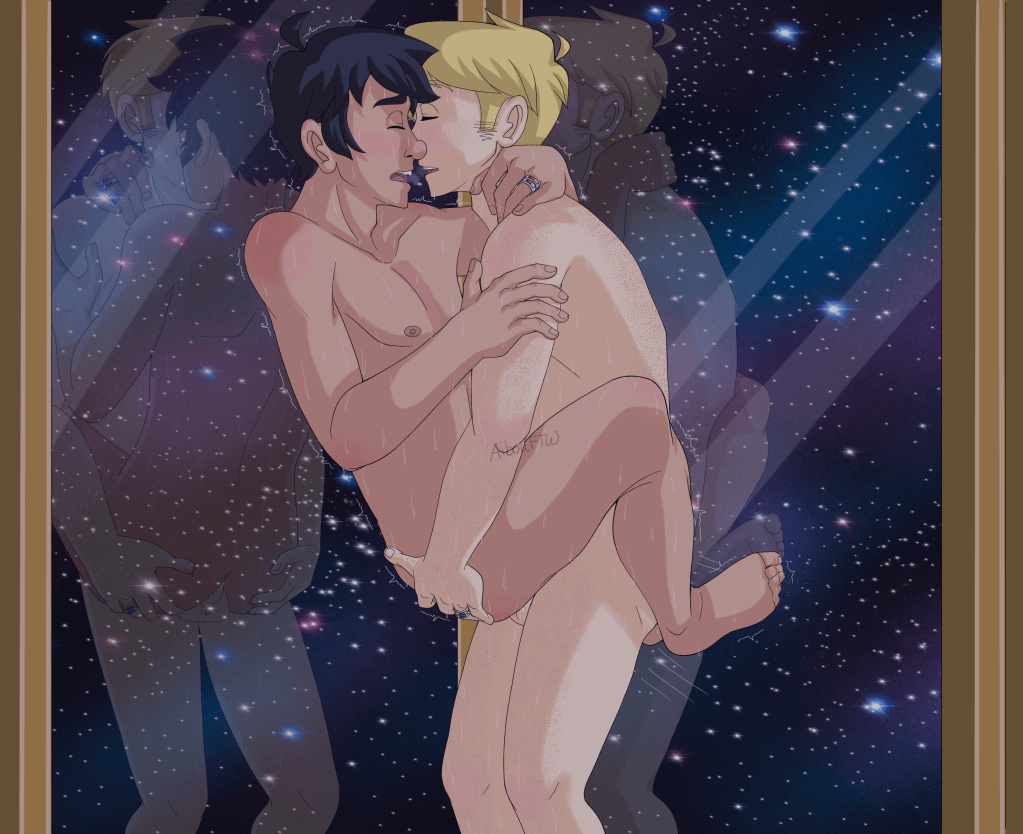 A spicy pic of John and Dave, fucking in a gondola similar to that of a Ferris wheel.  Dave's got John pinned against the glass and is carrying him as he fucks him.  They're surrounded by nothing but stars of the night sky and each other.  A detail that a lot of sighted people may miss: they're wearing wedding rings in this pic.