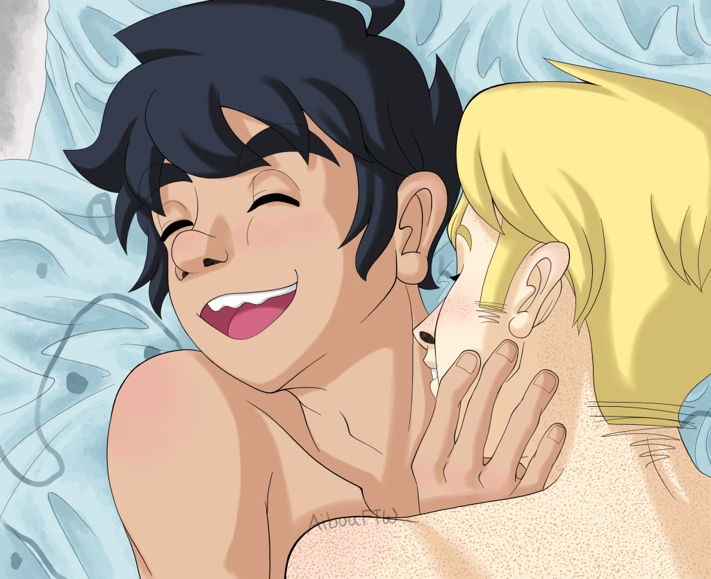 A drawing of John and Dave on John's bed.  They're both shirtless, Dave on top of John as he showers John with kisses.  John's holding Dave's face back while laughing.