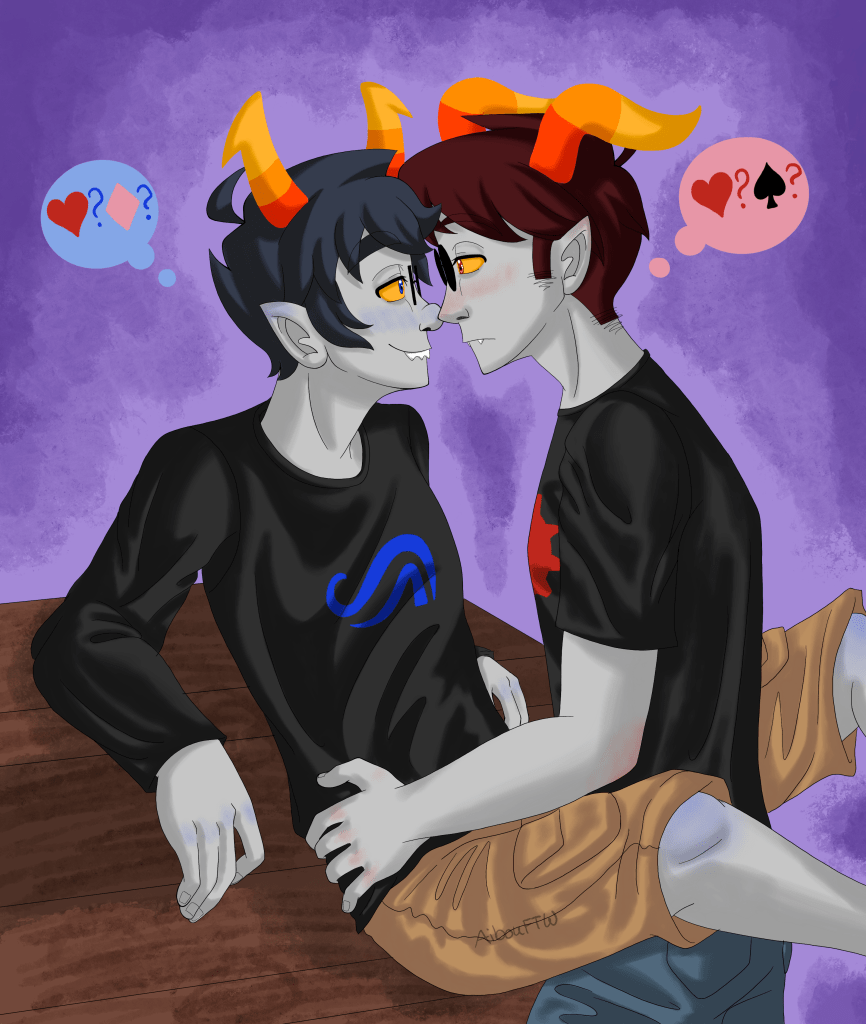 A drawing of John and Dave as trolls.  They're wearing the typical black trolls shirts, with their god tier logos as the design on their chest.  Their hair and skin tones suggest that John's a blueblood while Dave's a redblood.  Dave's lifting John up to a countertop and has him pinned.  John looks rather smug about this, while Dave's got his stupid patented Strider Poker Face.  They're both contemplating which quadrant they see the other as.  John's thinking either matespritship or moirallegience, while Dave's thinking either matespritship or kismesissitude.  Funny how Dave cannot picture John as someone not to fuck.