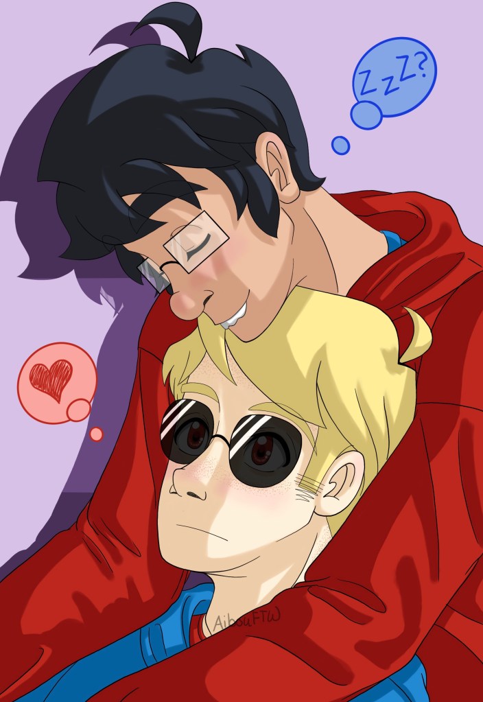 A drawing of John and Dave cuddling.  They are wearing each other's hoodies because they're boyfriends.  John's looking down at Dave, wondering if he's asleep.  Meanwhile, Dave is looking up at John through his shades, thinking about how much he loves him, because if we know anything about Dave, it's that he's a motherfucking simp.