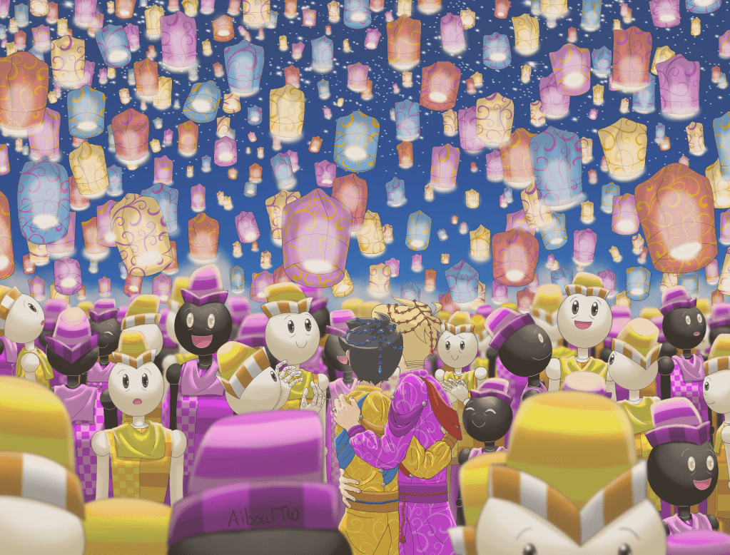 A drawing of John and Dave at a lantern festival.  They're wearing special Prospit/Derse outfits and their arms are around each other as they look up at the floating lanterns.  They are amongst a large crowd of carapacians.  Most of them are having a grand old time, but a few of them are looking at John and Dave, happy that they're together.