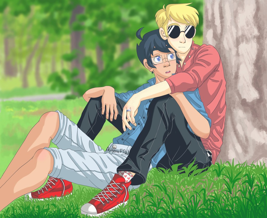 A drawing of John and Dave at the park.  John is between Dave's legs, his back against Dave's chest.  They're both looking at something in the distance.