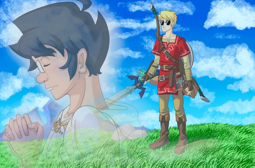 A drawing of John and Dave in the setting of Zelda: Breath of the Wild.  John's wearing white sacred robes as he prays.  Dave's wearing Link's outfit (except red instead of blue), complete with the Master Sword.