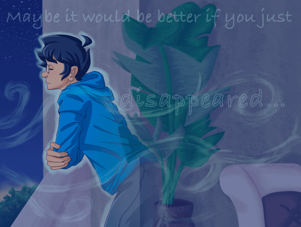 A drawing of John, leaning against a hotel balcony.  His eyes are closed, pensive as he's surrounded by The Breeze.  He's slowly becoming transparent.  There is text that says "Maybe it would be better if you just disappeared..." on it.