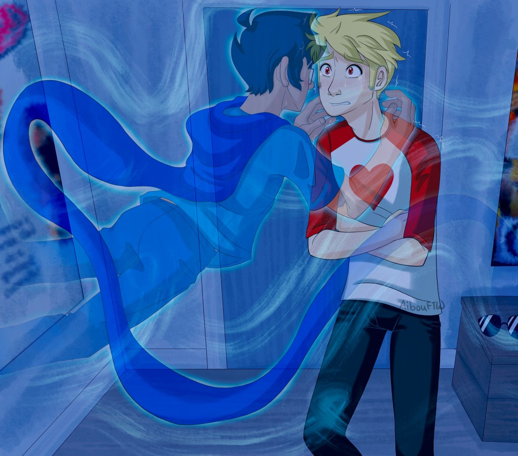 A drawing of Dave and John in John's room.  The lights are out, and Dave's got his arms crossed, shaking with the power of his sobbing, his shades on the nightstand.  He can sense John, who is barely visible, as he has become The Breeze.  John is reaching his hands out to cradle Dave's face.